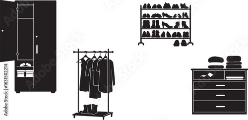 Collection of wardrobe and clothing storage furniture and accessories silhouettes closet open wardrobe