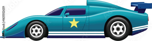 Sleek turquoise race car with yellow star detail and aerodynamic design