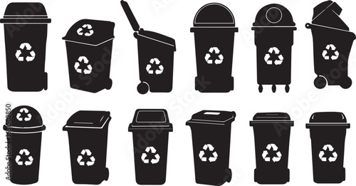 Diverse Black Recycling Bins with Open and Closed Lids trash cans garbage cans