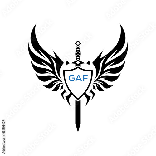 GAF Winged Sword and Shield Logo with GAF Letters, GAF Later Logo, Heraldic Emblem, Black and White Vector Design
