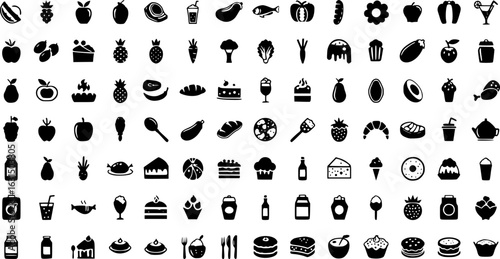 black and white icons of food and drink, vector graphics style
