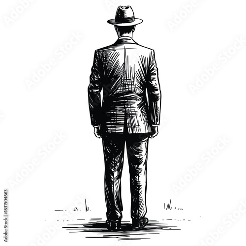 Man in suit and hat standing facing away silhouette