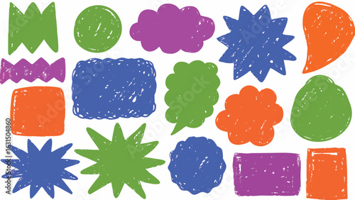 Collection of colorful hand drawn speech bubbles and shapes in various designs and color variations