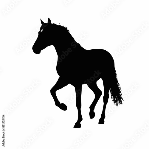 black silhouette of a standing horse with lifted leg, solid shape on white