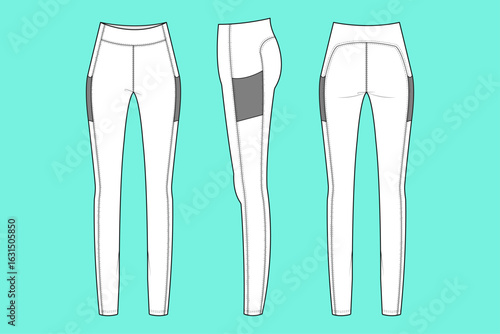 Women's High Rise Waistband Stretch Tights Leggings Fashion Design Flat Sketch Technical Drawings Front Back and Side Views.	