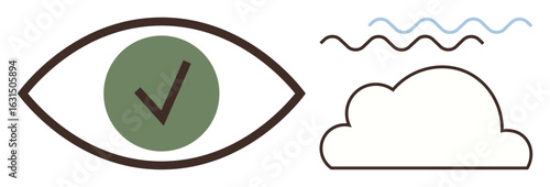 Eye outline with a green checkmark inside, cloud with wavy lines above. Ideal for health awareness, vision care, clarity, approval, environment, clean air mindfulness. Minimal simple flat metaphor