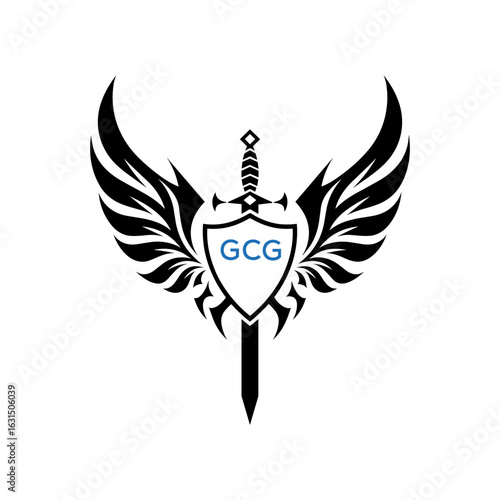 GCG Winged Sword and Shield Logo with GCG Letters, GCG Later Logo, Heraldic Emblem, Black and White Vector Design
