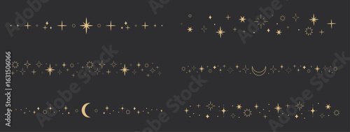 Mystical celestial border divider with stars, moons, and sparkles. Elegant golden ornament set for tarot, magic, and spiritual designs.