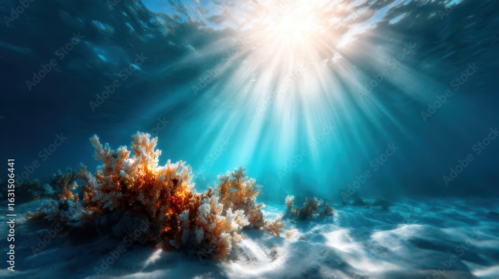 Fototapeta premium This stunning underwater image captures sunlight filtering through the ocean, highlighting vibrant corals and tranquil waters, evoking a sense of peace and exploration.