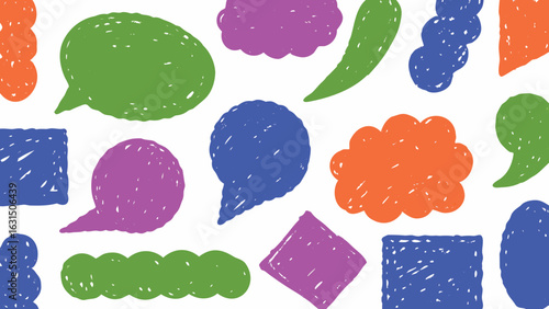 Colorful hand drawn speech bubbles and geometric shapes scattered on a white background design element