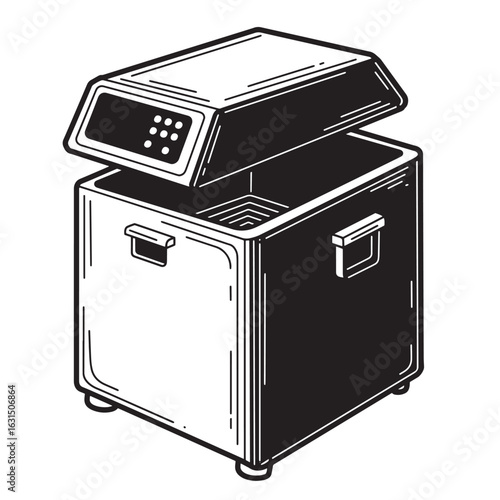 Black and white illustration of a laboratory water bath medical equipment with open lid