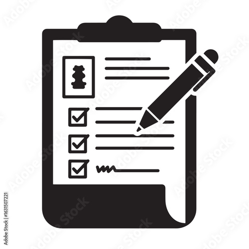 Black and white medical clipboard with a pen checklist and spine x ray illustration