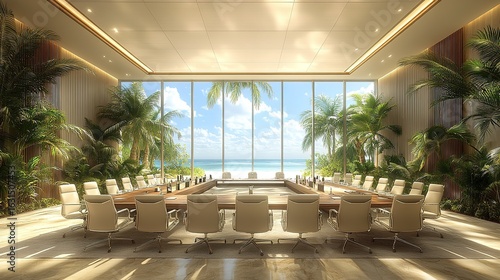 Conference room with large window view of beach ocean and palm trees.