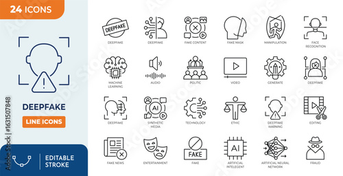 Deepfake line editable icon set. Containing Deepfakes, misinformation, face swap, machine learning, digital, AI, fake news, and more. Editable stroke. Vector illustration