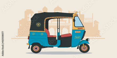 Colorful vector illustration of an auto rickshaw with detailed features and decorative elements