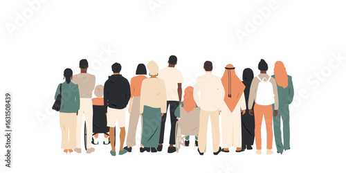 Different people stand side by side together. Rear view.