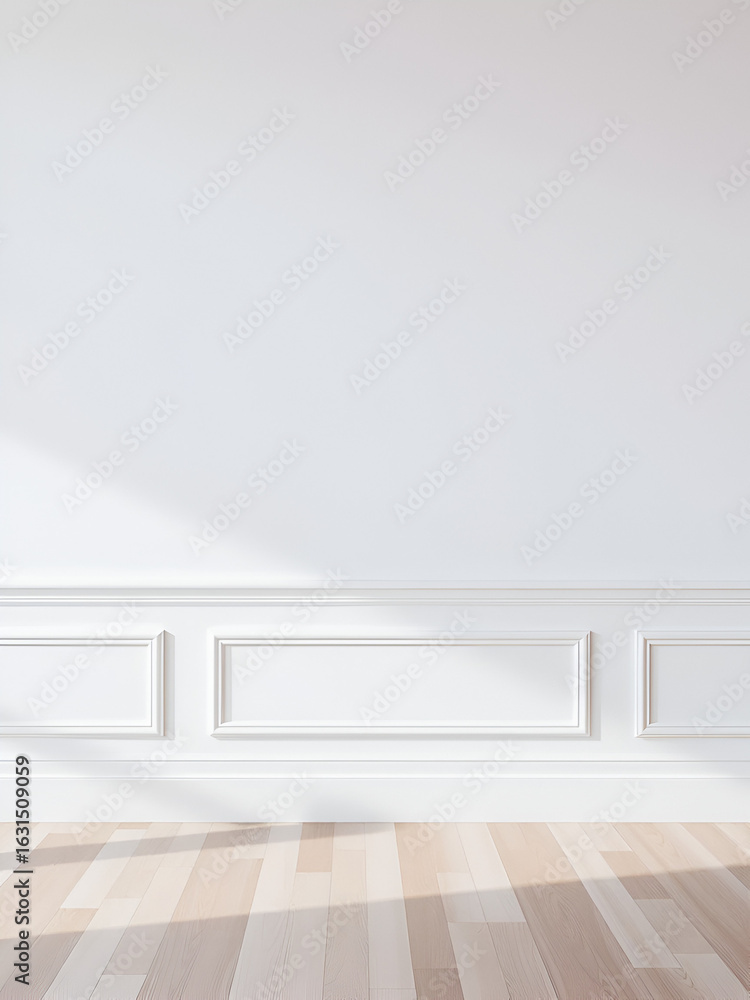 Fototapeta premium Decorative white horizontal stripe moulding baseboard in empty modern room interior detail trim wall panel design stock