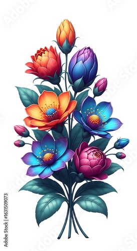 Vibrant bouquet of colorful flowers isolated on white background