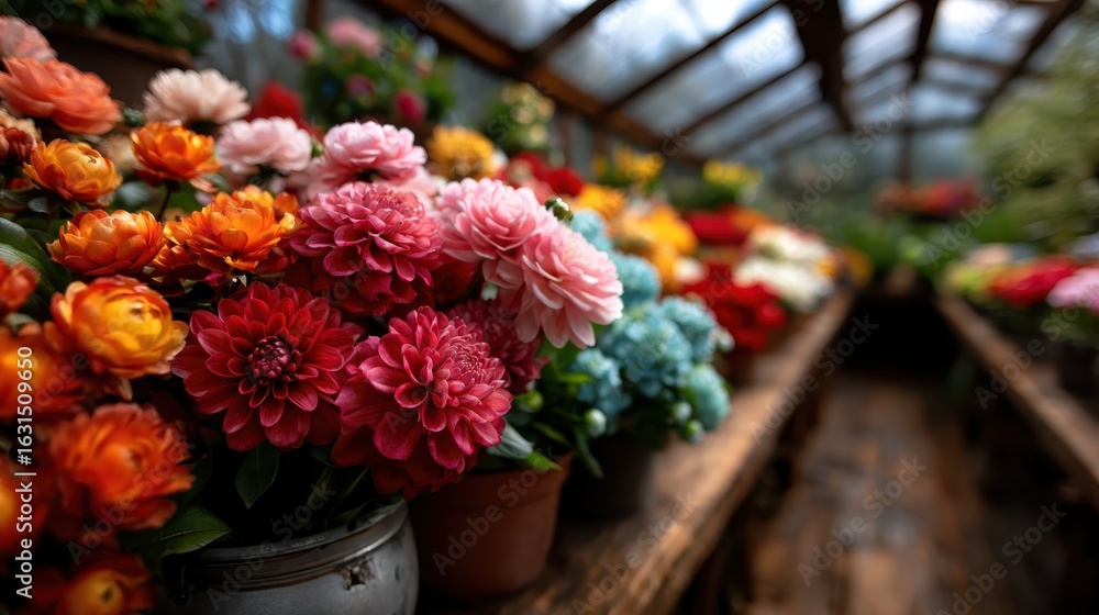 Obraz premium This enchanting image captures an array of colorful flowers displayed beautifully in a greenhouse setting, showcasing nature's vibrant palette and serenity.