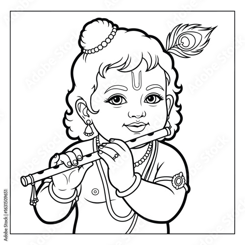 Illustration of baby krishna playing the flute outline art colouring page