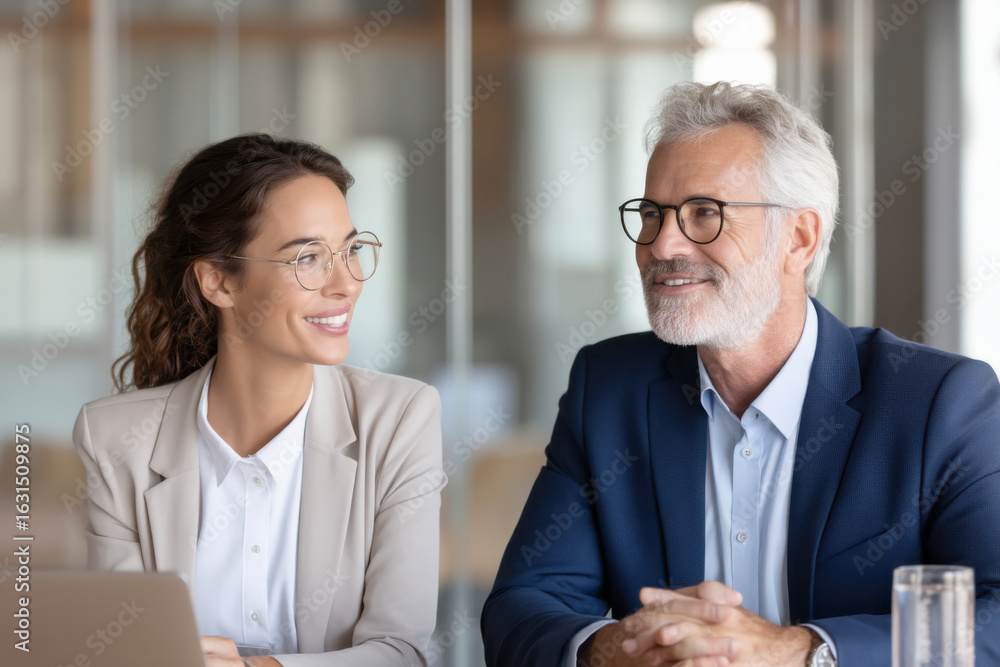 Obraz premium A professional interaction between a smiling woman and a senior man, both wearing glasses, in a modern office setting, suggesting collaboration or discussion.