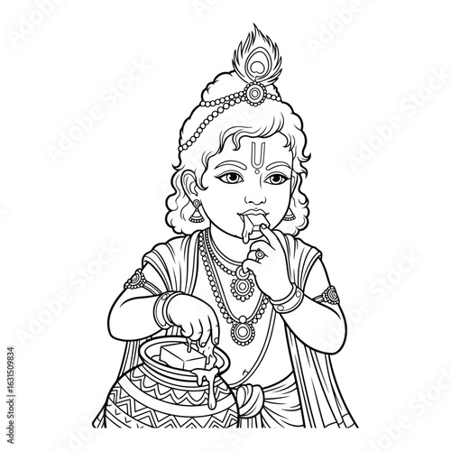 Line art of krishna eating butter from a decorated pot colouring page