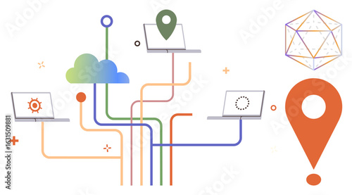 Laptops interconnected via colorful lines to a cloud, location pin, and geometric network. Ideal for cloud computing, data sharing, connectivity, geolocation, technology, collaboration innovation