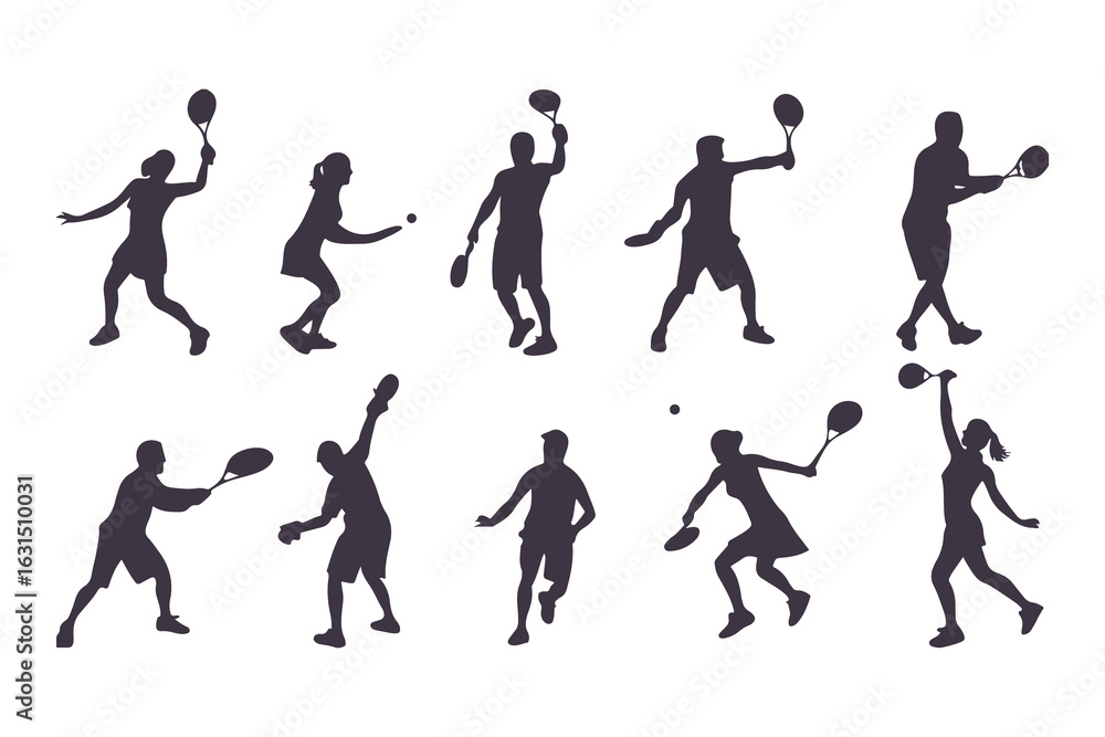 Pickleball player silhouette set. Collection of male and female athletes in various action poses like serving and hitting. Isolated vector sport figures for logos, tournaments, and design. Pickleball player silhouette set. Collection of male and female athletes in various action poses like serving and hitting. Isolated vector sport figures for logos, tournaments, and design.