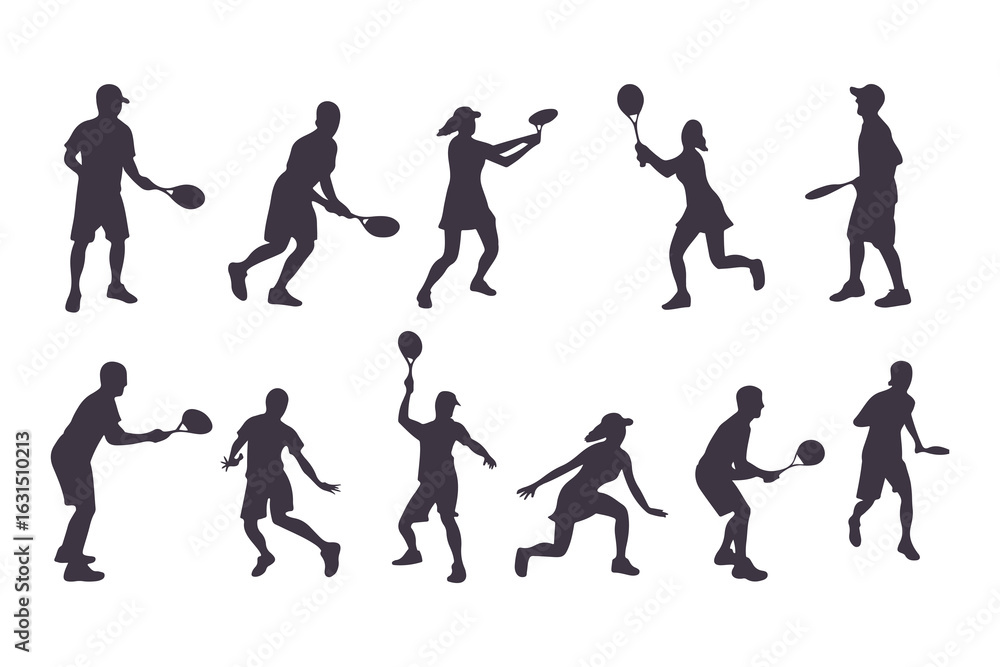 Pickleball player silhouette set. Collection of male and female athletes in various action poses like serving and hitting. Isolated vector sport figures for logos, tournaments, and design. Pickleball player silhouette set. Collection of male and female athletes in various action poses like serving and hitting. Isolated vector sport figures for logos, tournaments, and design.