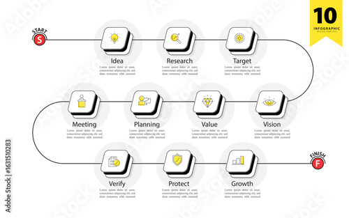 Infographic 10 step timeline journey, calendar Flat simple infographics design template. presentation graph. Business concept with 10 options, number vector illustration.