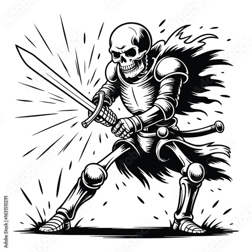 Skeleton warrior in armor wielding sword black and white art colouring page