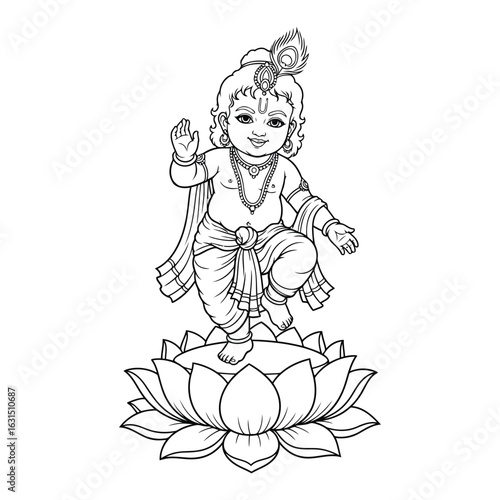 Illustration of krishna standing on lotus flower outline colouring page