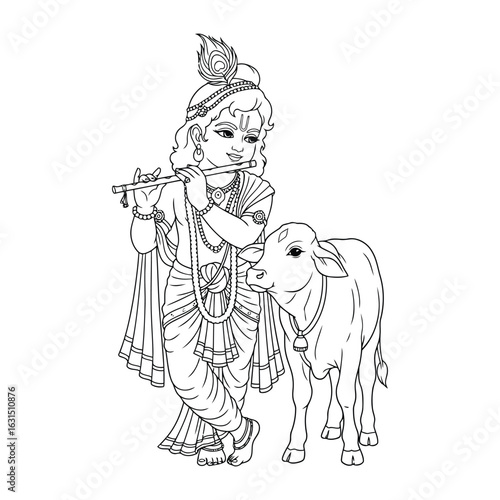 Outline drawing of krishna playing flute with a calf near colouring page