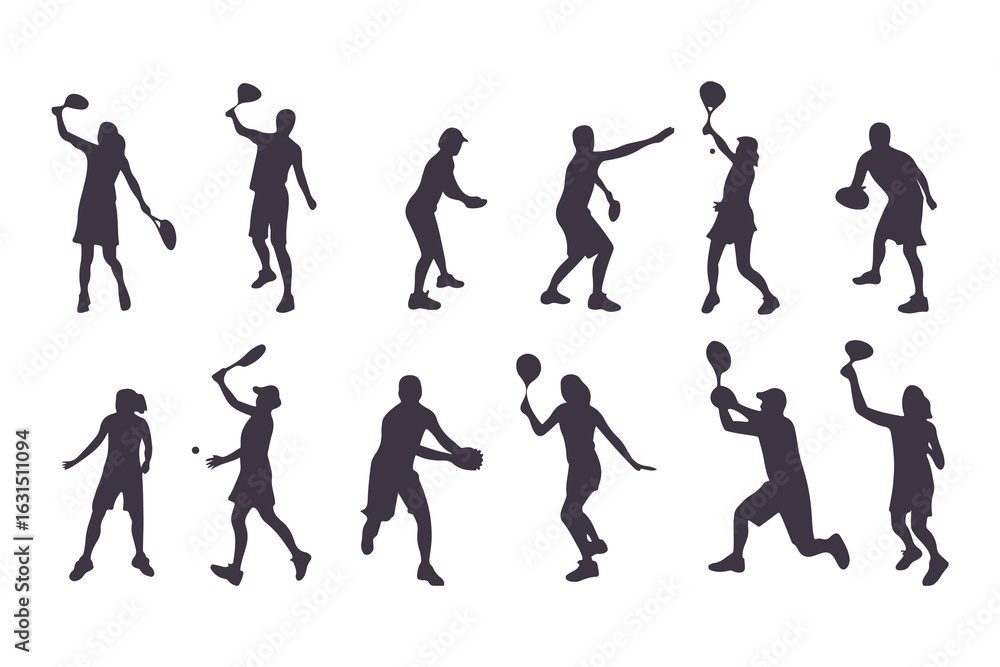 Naklejka premium Pickleball player silhouette set. Collection of male and female athletes in various action poses like serving and hitting. Isolated vector sport figures for logos, tournaments, and design.