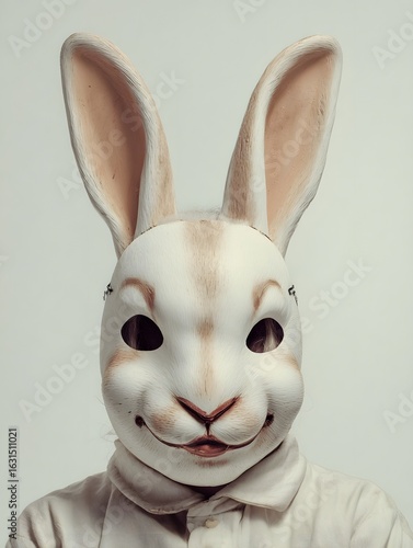 photo of a rabbit wearing an eerie mask