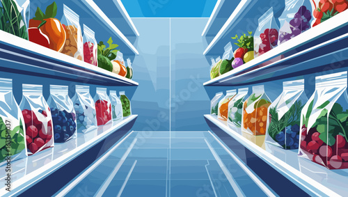 Illustration of a grocery store's refrigerated aisle filled with fresh produce