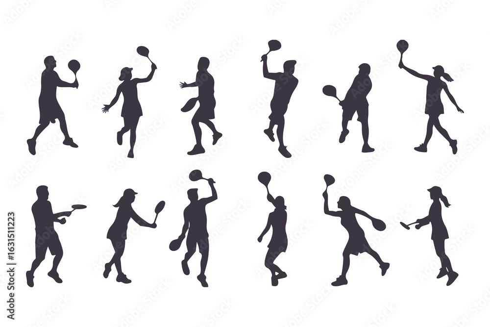 Obraz premium Pickleball player silhouette set. Collection of male and female athletes in various action poses like serving and hitting. Isolated vector sport figures for logos, tournaments, and design.