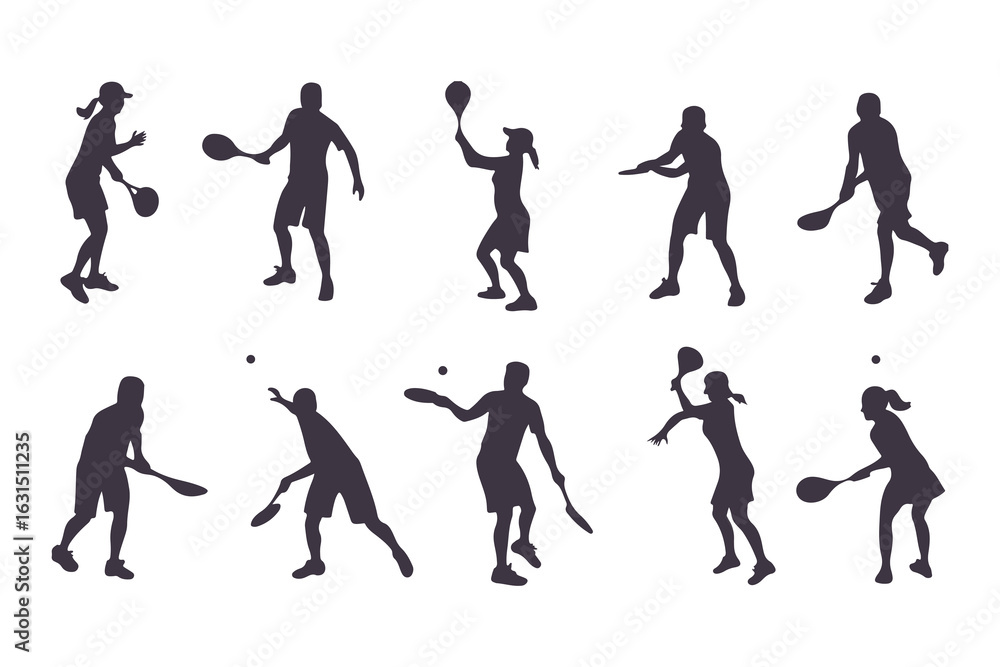 Obraz premium Pickleball player silhouette set. Collection of male and female athletes in various action poses like serving and hitting. Isolated vector sport figures for logos, tournaments, and design.