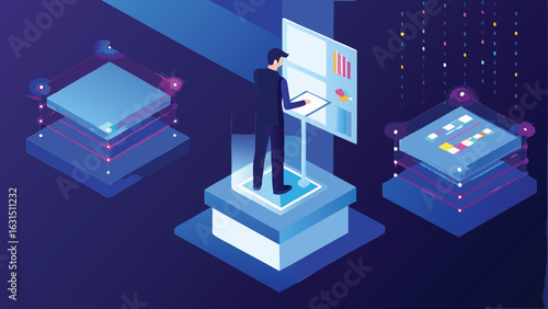 Man interacting with a digital interface surrounded by data servers in a futuristic environment