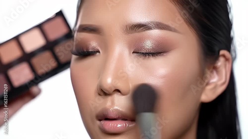 Asian Woman Applying Shimmering Powder With Brush on Face for a Glowing Makeup Look in Bright White Background