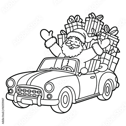 Santa claus driving car with gifts coloring page illustration colouring page