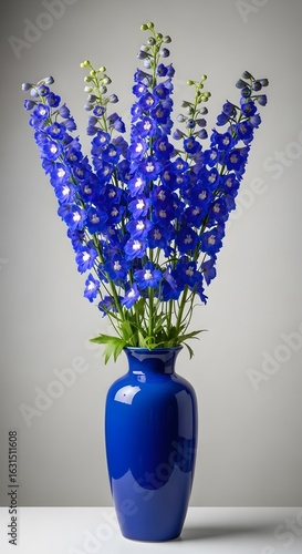 A vibrant blue delphinium bouquet in a glossy blue vase