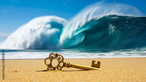 Finding a Key on Sandy Beach with Ocean Wave Rolling in Background