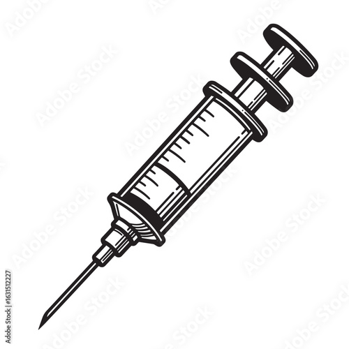 Hand drawn illustration of a medical syringe isolated on a clean white background