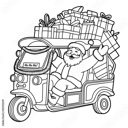Santa claus in tuk tuk with gifts coloring page illustration colouring page