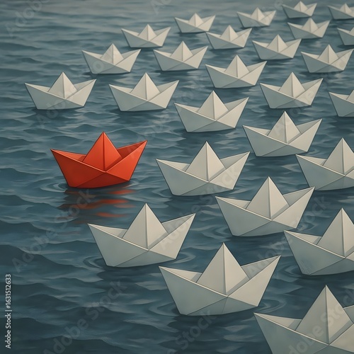 Paper boats floating on calm water with one red boat leading — leadership and individuality concept, symbolic art representing vision, direction, and standing out from the crowd