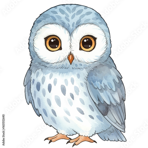 Adorable watercolor illustration of a snowy owl with captivating eyes and a soft blue-gray plumage, perched attentively, exuding charm and innocence