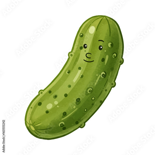 Cartoon pickle character with a funny face, cute eyes, and a playful smile, creating a humorous and endearing image for a lighthearted design