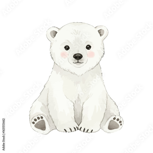 Adorable polar bear cub illustration sitting with a gentle expression, perfect for children's books and educational materials, isolated on white background.