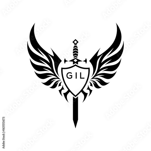 GIL Winged Sword and Shield Logo with GIL Letters, GIL Later Logo, Heraldic Emblem, Black and White Vector Design
